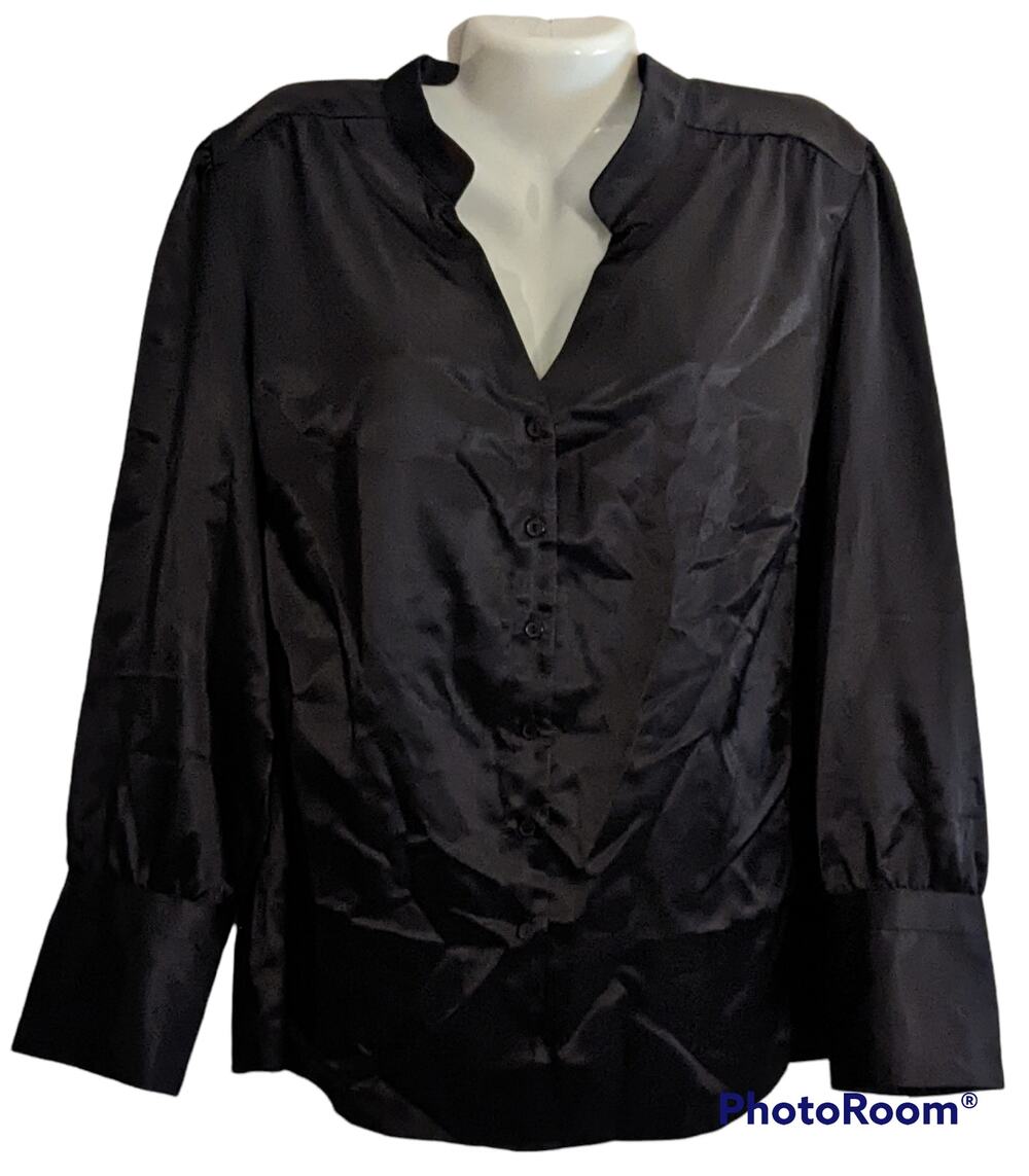 NWT Lane Bryant Black Satin Collared V Neck Button Down Long Sleeve Blouse 18/20